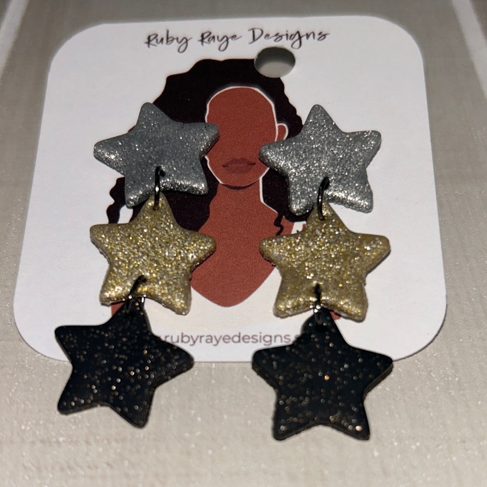 Handmade Clay Star Earrings - Silver, Gold, and Black